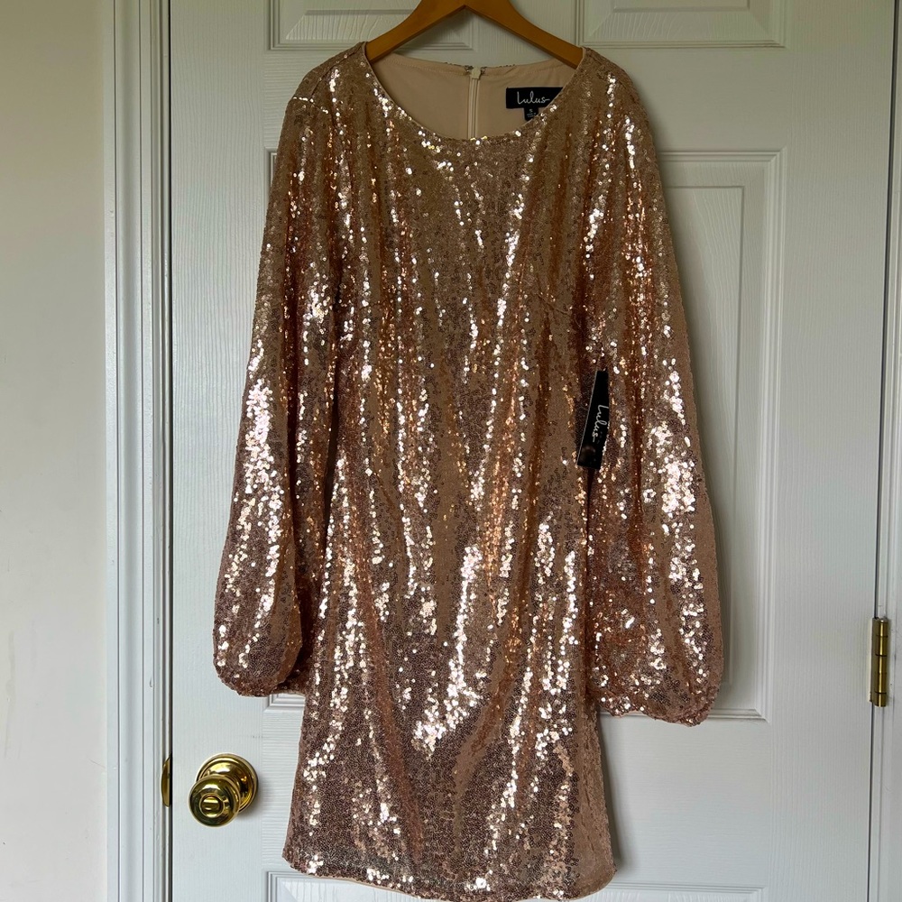 Lulu’s Pink Rose Gold Sparkle Glitter Party Dress Small Barbiecore NWT Sequin
